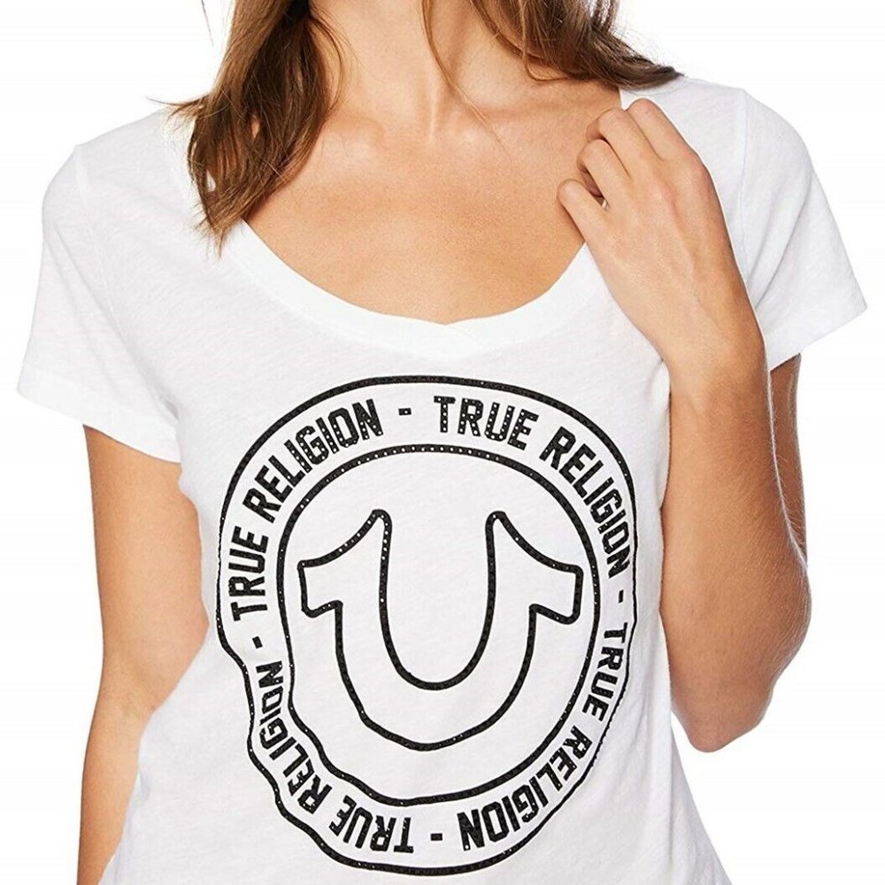 True Religion Women's Crystal Circle Horseshoe V-neck Tee in White Size S
